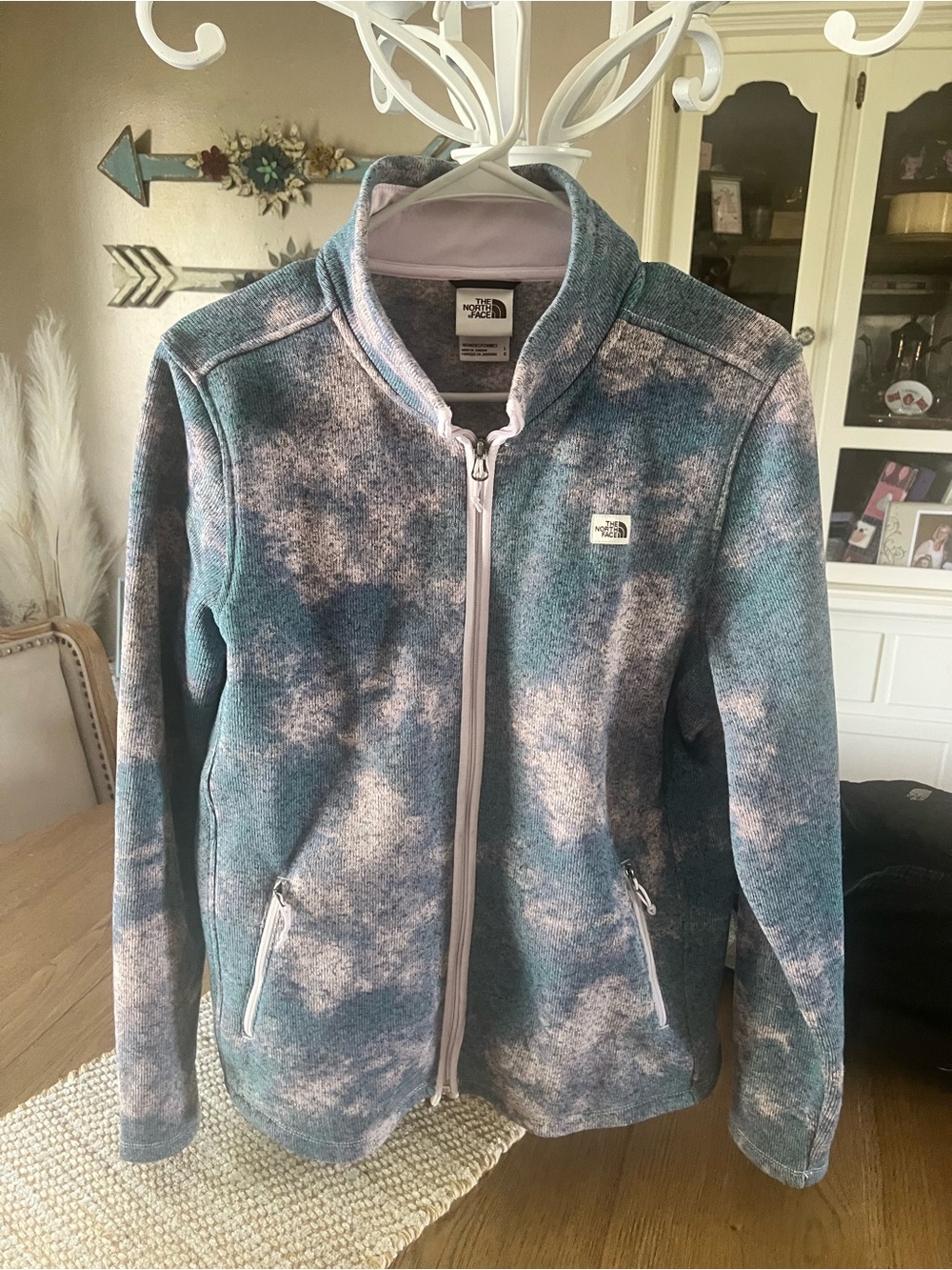 The North Face Women’s Teal and Pink Patterned Fleece Jacket -